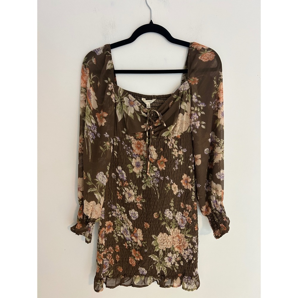 Sim & Sam Brown Floral Smocked Mini Dress Long Sheer‎ Sleeve Square Neck Size M